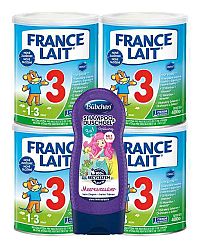 France Lait 3 mliečna výživa na podporu rastu pre malé deti od 1 roka + Bübchen Kids Malá morská panna 4×440 g, mliečna výživa na podporu rastu + šampón pre deti