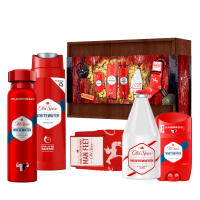 Old Spice darčekové balenie Whitewater 1×1 set, dezodorant tuhý + dezodorant v spreji + sprchový gél + voda po holení + darček ponožky + v drevenom boxe