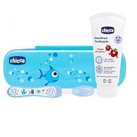 Chicco Set zubná kefka s púzdrom + pasta od 12m+ modrá