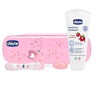 Chicco Set zubná kefka s púzdrom + pasta od 12m+ ružová