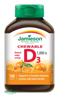 Jamieson Vitamín D3 1000IU s príchuťou pomaranča tablety na cmúľanie 100 ks