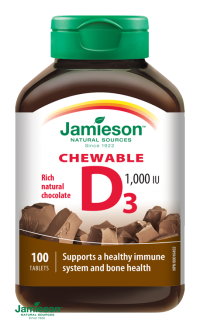 Jamieson Vitamín D3 1000IU tablety na cmúľanie s príchuťou čokolády 100 ks