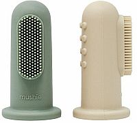 Mushie silikonový zubní kartáček na prst Shifting Sand / Cambridge Blue 2 ks