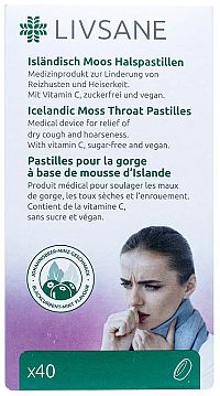 LIVSANE Pastilky s islandským lišajníkom príchuť čierne ríbezle a mäta, s vitamínom C, 40 ks