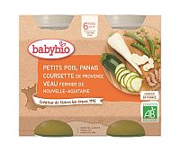 BABYBIO Menu hrášok a paštrnák s cuketou a teľacím mäsom (2x 200 g)