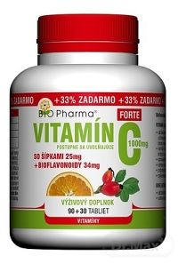 BIO Pharma Vitamín C so šípkami 1000 mg FORTE 1×120 tbl, 90+30 (+33% ZADARMO)