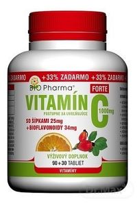 BIO Pharma Vitamín C so šípkami 1000 mg FORTE tbl (šípky 25 mg + Bioflavonoidy 34 mg) 90+30 (+33% ZADARMO) (120 ks)