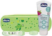 CHICCO Set zubná kefka a pasta s fluórom v puzdre Always Smiling zelená 12m+