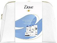 Dove Original tuhé mydlo 90 g + deospray 150 ml + šampón pre poškodené vlasy 250 ml + sprchový gél 250 ml + telové mlieko 250 ml + kozmetická taška darčeková sada