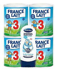 France Lait 3 mliečna výživa na podporu rastu pre malé deti od 1 roka + Bübchen Kids Jemný miláčik 4×440 g, mliečna výživa na podporu rastu + šampón pre deti