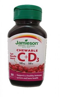 JAMIESON VITAMÍN C 500 mg +D3 500IU 30 tabliet - cmúľacie / čerešňová príchuť