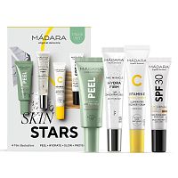 Mádara Skin Stars exfoliačná maska s AHA 17 ml + hydratačný gel s kyselinou hyalurónovou 15 ml + rozjasňujúci krém s regeneračným účinkom 15 ml + ochranný tónovaný fluid na tvár SPF 30 10 ml