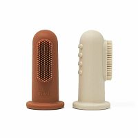 Mushie silikónová zubna kefka na prst 2ks. clay shifting sand 1×2 ks, zubná kefka