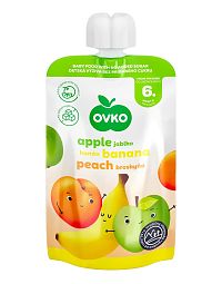 OVKO Detská výživa Jablko Banán Broskyňa bez cukru 1×120 g, ovocná kapsička