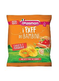 PLASMON Chrumky zeleninové bezlepkové na cesty Paff mrkva a paradajka, 12m+ 1×15 g, zeleninové chrumky