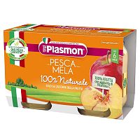 PLASMON Príkrm ovocný broskyňa a jablko, 6m+ 2×104 g, ovocný príkrm