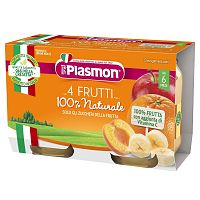 PLASMON Príkrm ovocný štyri druhy ovocia, 6m+ 2×104 g, ovocný príkrm