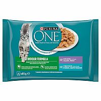PURINA ONE Multipack Indoor Mini Filetky S Tuniakom A Zelenými Fazuľkami / S Teľacím A Mrkvou V Šťave 4×85g, kapsičky pre mačky