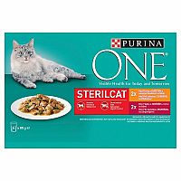 PURINA ONE Multipack Sterilcat Mini Filetky S Kuracím A Zelenými Fazuľkami / S Hovädzím A Mrkvou V Šťave 4×85g, kapsičky pre kastrované / sterilizované mačky