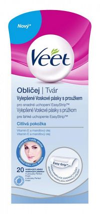 Veet Voskové pásiky na tvár pre citlivú pokožku (+ 4 obrúsky Perfect Finish), pásiky 1x20 ks